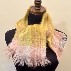 Vintage All Mohair Pile Made in Scotland Mohair Tartan Scarf Pink Yellow Green